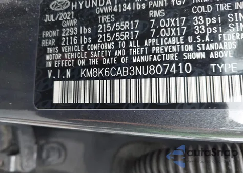 2022 Hyundai Kona Sel из США, поврежденный, VIN KM8K6CAB3NU807410